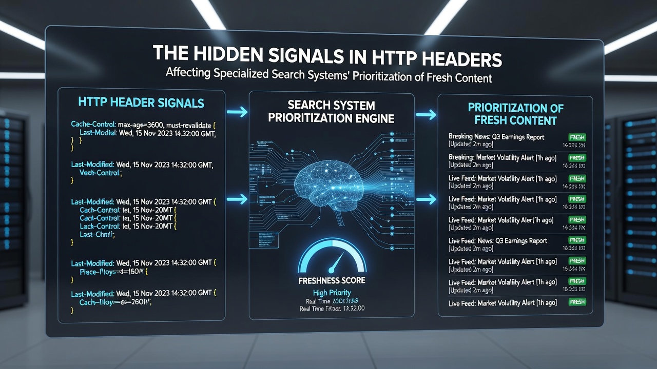 Chart showing correlation between HTTP header configurations and recrawl frequency across specialized search engines